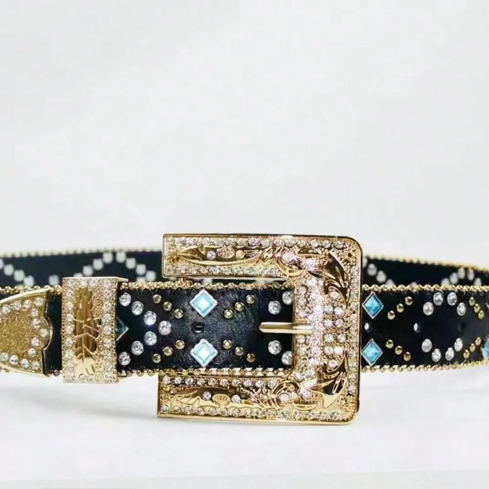  Rhinestone Inlaid PU Leather Belt Goddess Copper PU leather belt with subtle inlaid rhinestone detail
