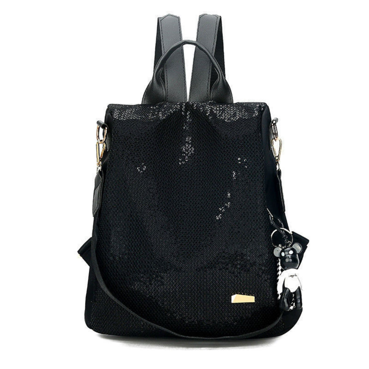 Black backpack with decorative elements on a white background