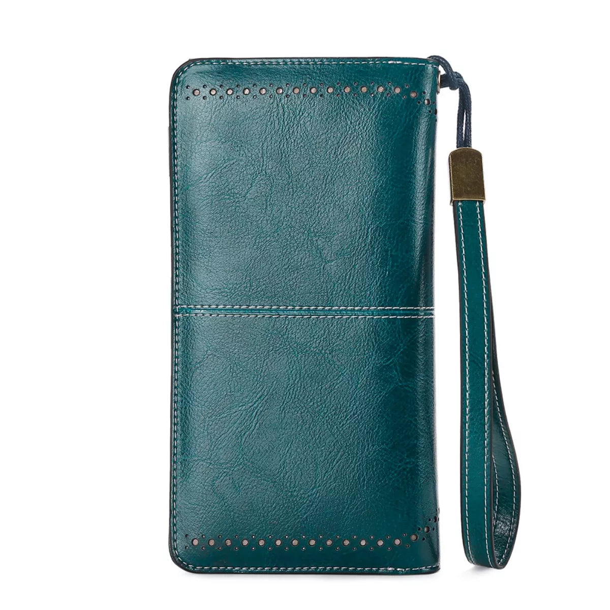 Teal leather wallet with a strap on a white background