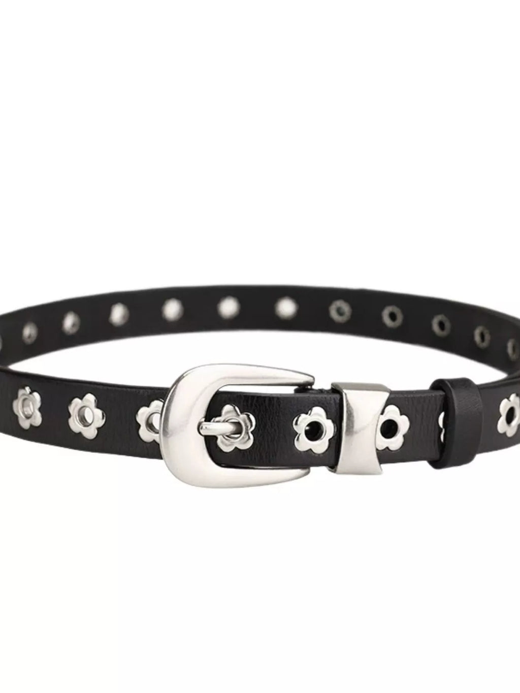 Black leather belt with silver floral buckles on a white background