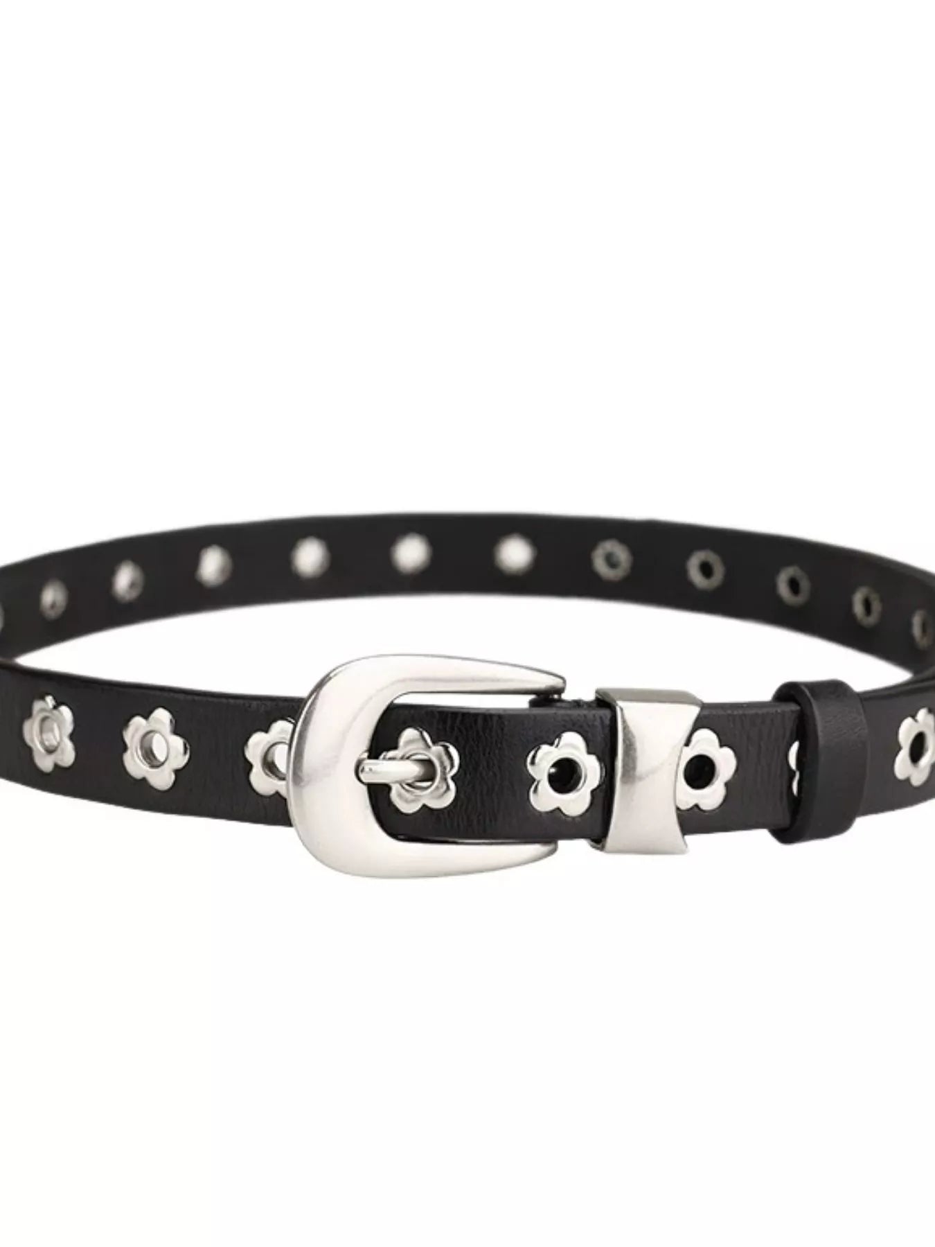Black leather belt with silver floral buckles on a white background