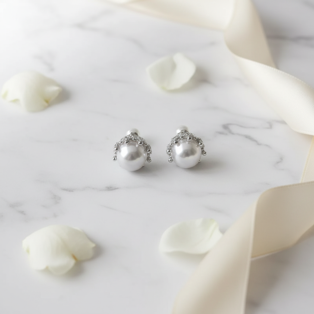 Goddess Copper Classic Pearl Stud Earrings with 925 silver needle – front view
