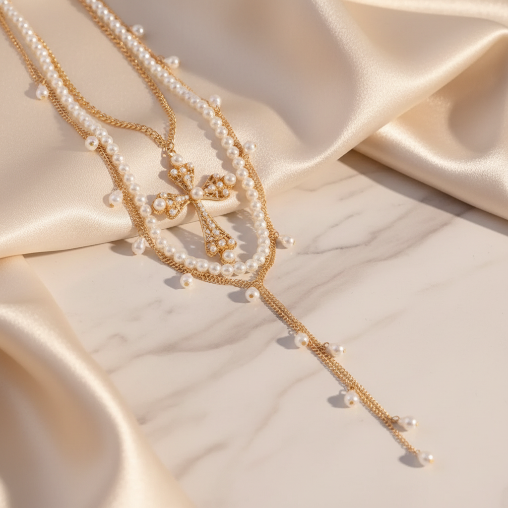Goddess Copper Pearl Cross Pendant Necklace Set – 3 piece gold, silver and black
