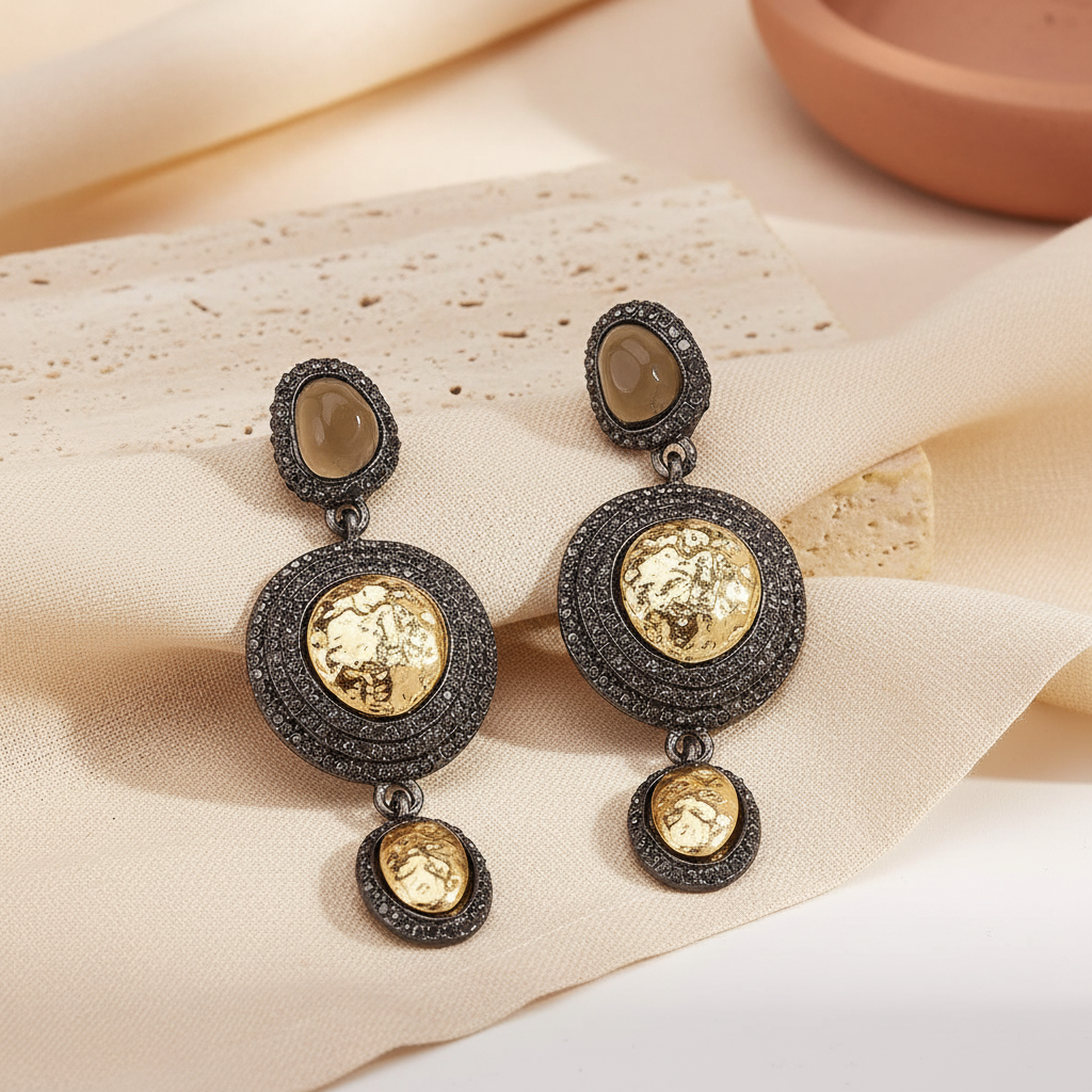 Goddess Copper Vintage Dangle Earrings in gold resin with 18K gold-plated finish – front view

