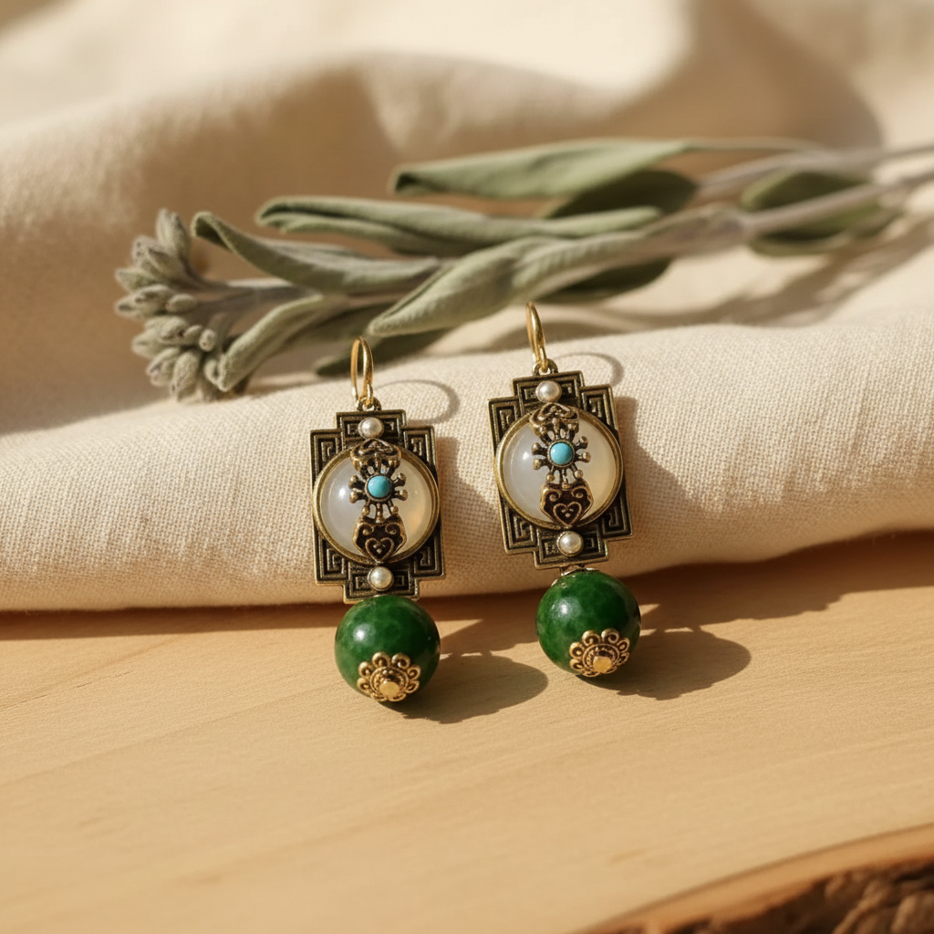 Image 1: Goddess Copper Vintage Dangle Earrings in dark green resin with 18K gold-plated finish – front view
