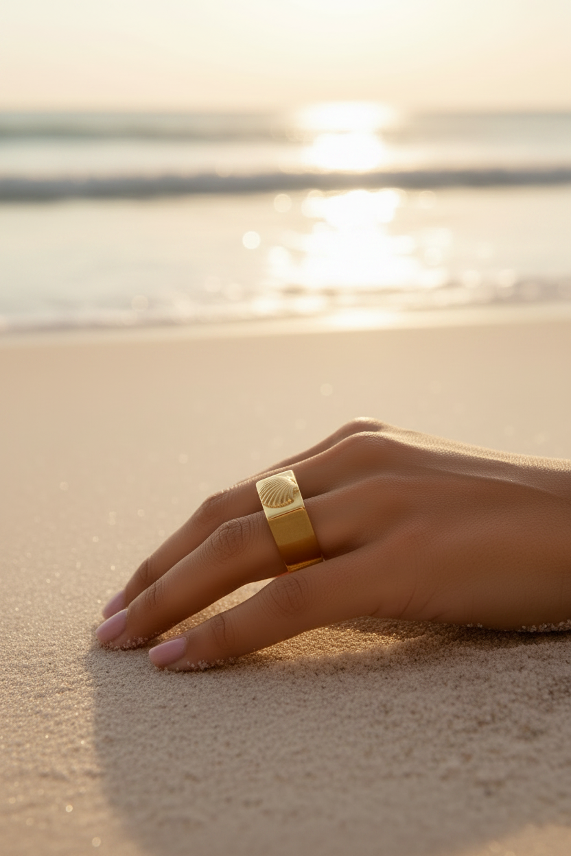Goddess Copper Vintage Shell Signet Ring in 18K gold-plated stainless steel – front view
